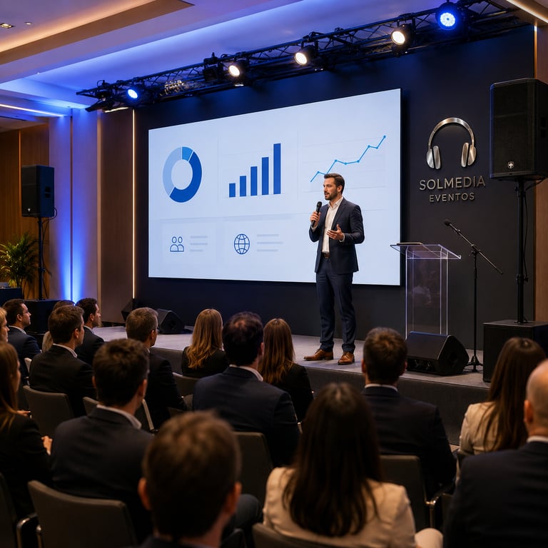 Presentación corporativa en Sevilla con ponente, pantalla profesional, sonido e imagen para eventos 