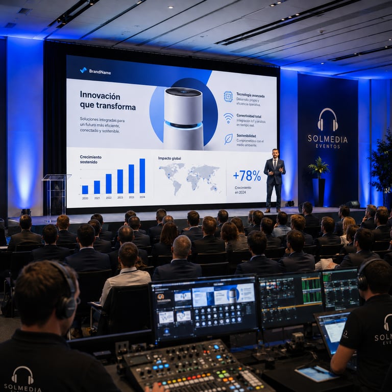Imagen profesional para eventos corporativos en Sevilla con pantalla LED, marca y técnico