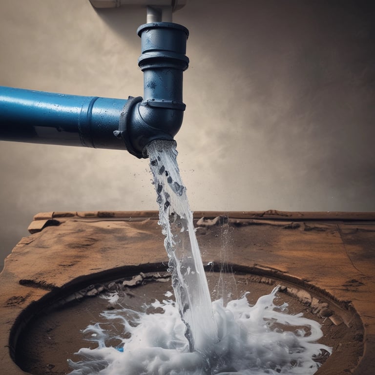 A water pipe is mounted on a wall, with a leak spraying water out in a narrow stream. The wall has some visible stains and damage, and there is a red object leaning against the wall.