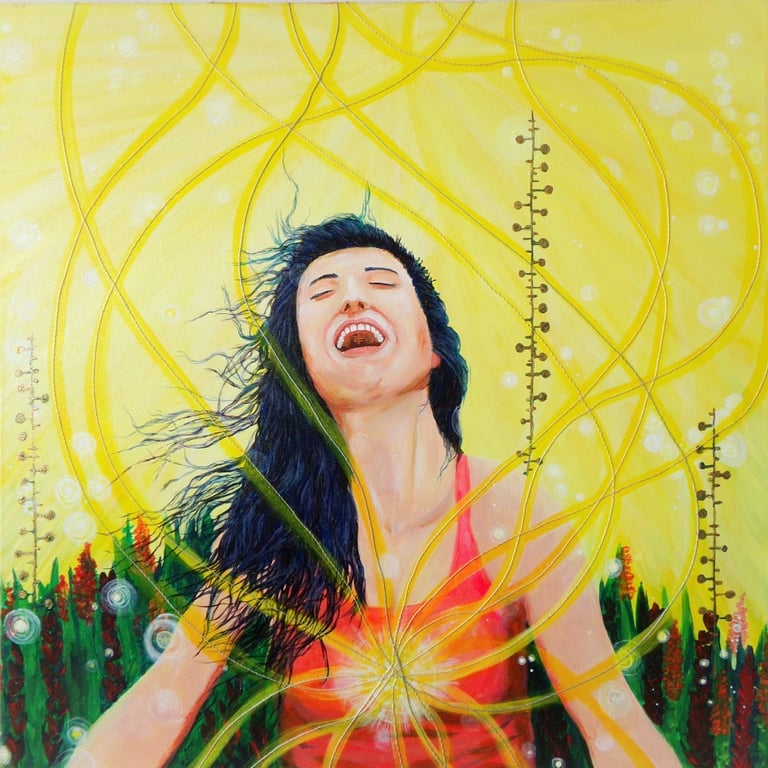 A woman laughing in joy 