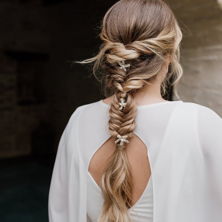 Blonde bride wearing her hair in a fishtail braid and pearl hair accessories