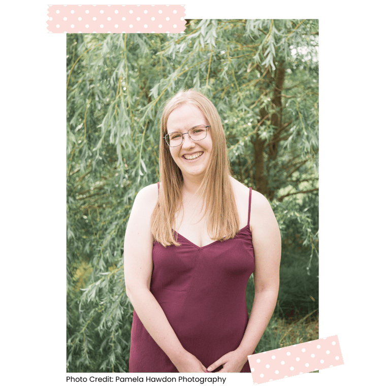 blonde woman in a burgundy dress - owner of a pop of colour designs