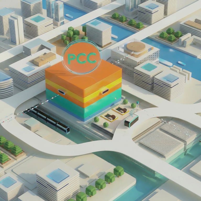 Isometric 3D smart city illustration featuring a colorful PCC data center building and urban infrastructure.