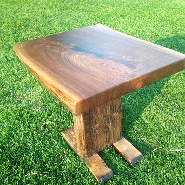 Barnwood Pedestal Leg with Walnut Slab Top End Table