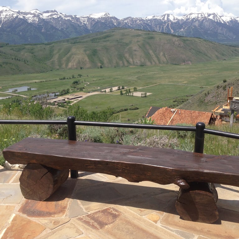 Lodgepole Pine Half Log Bench in front of the Tetons