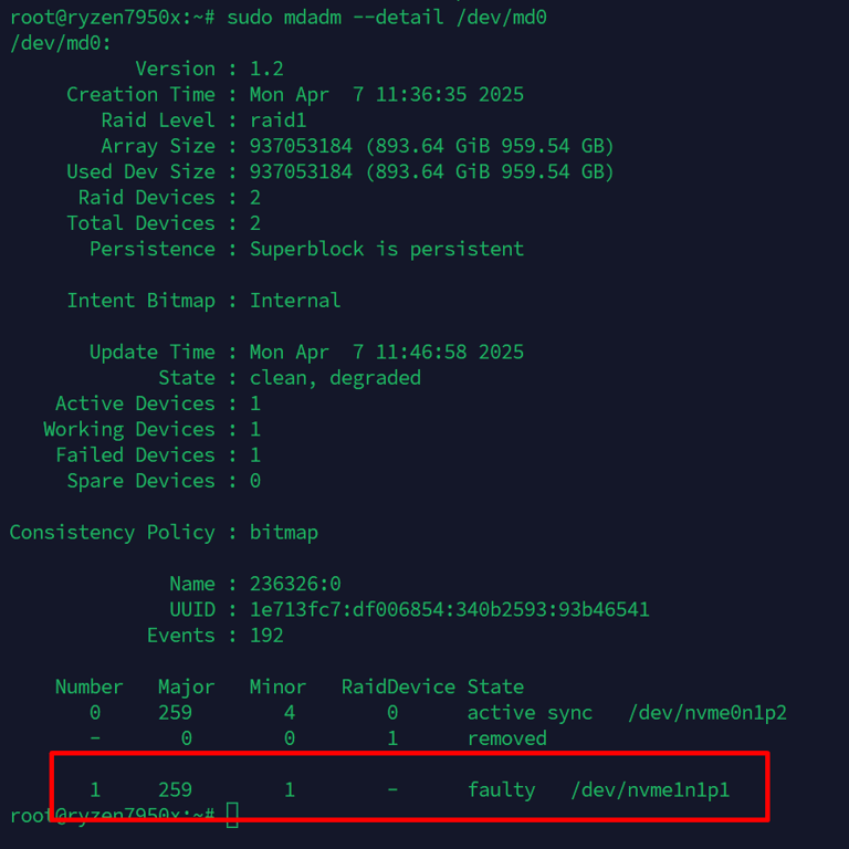 mdadm faulty disk output