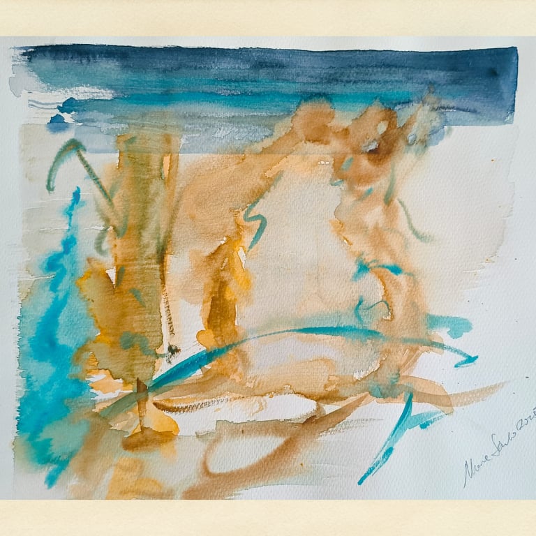 Acuarela abstracta contemporánea. Composición en ocres, dorados y azules. Arte Sancho.