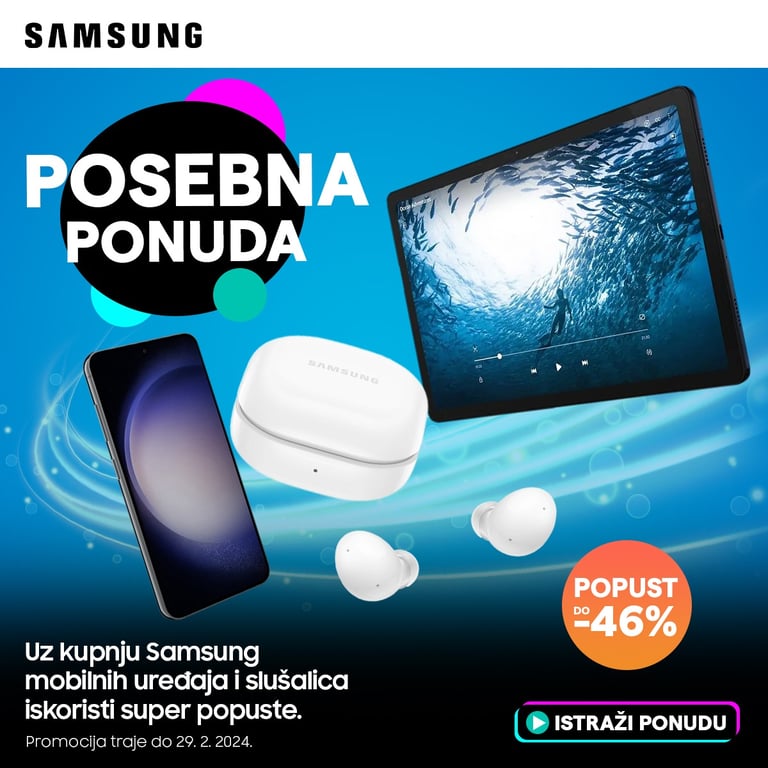 Grafički dizajn digitalnog bannera za Samsung - prikazuje ponudu mobilnih uređaja s dinamičnim vizualima i pozivom na akciju.