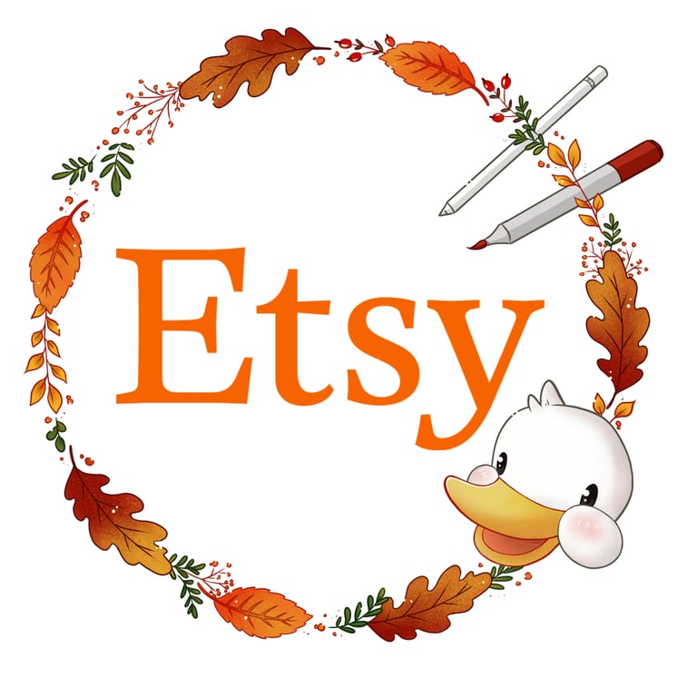 Etsy logo inside an autumn leaf wreath with an artist pen and a cute cartoon duckling.