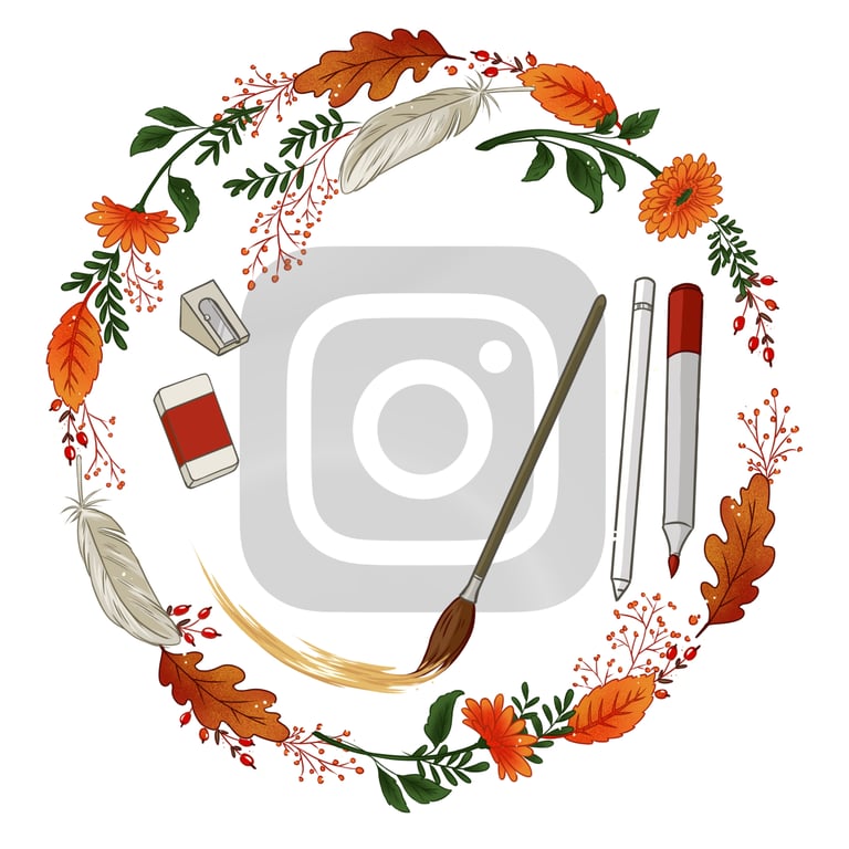 Autumn art supplies and Instagram logo inside a decorative fall leaf and floral wreath.