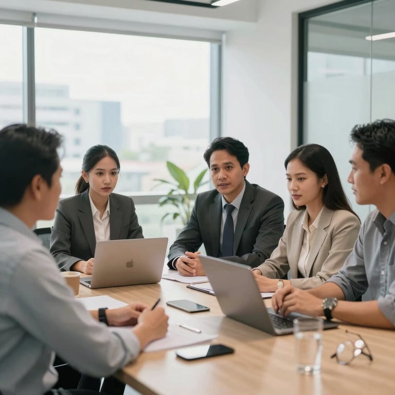 A group of Southeast Asian professionals having a collaborative meeting in a bright, modern Indonesian office suite.
