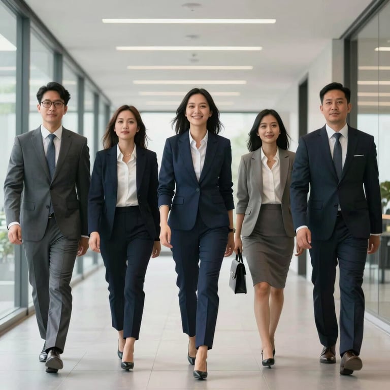 An Indonesian business team walking confidently down a bright, modern office hallway.