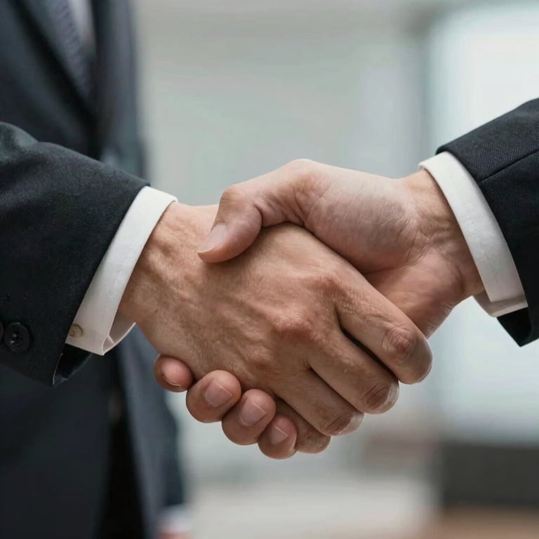 Close-up of a professional handshake in a business setting, symbolizing trust and agreement.