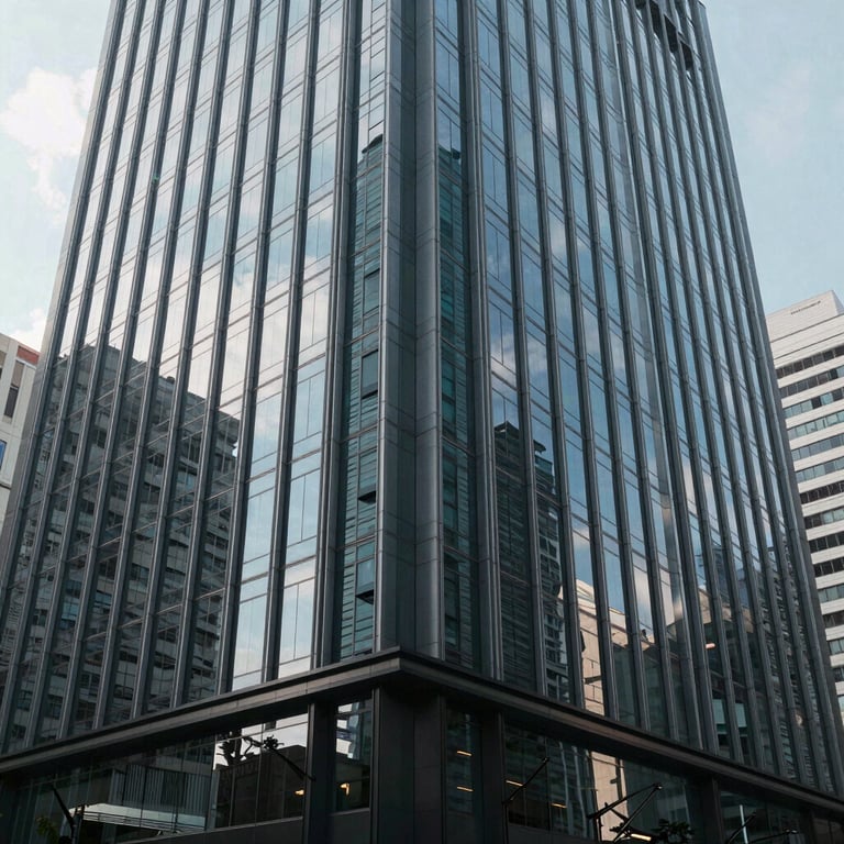 A modern office building exterior in a major Indonesian city, reflecting a professional corporate image.