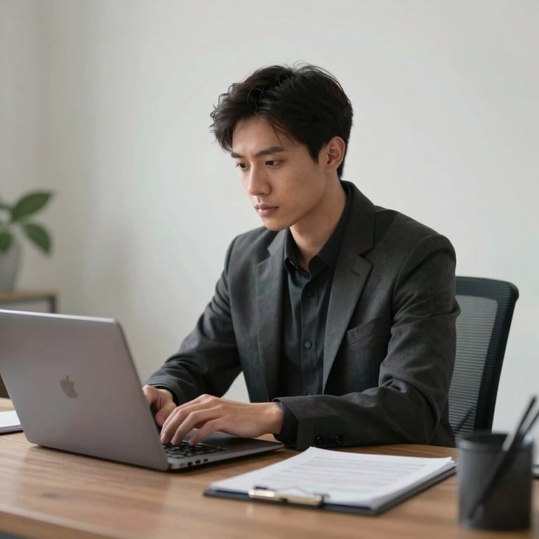 A focused professional working on a high-end laptop in a minimalist office environment.