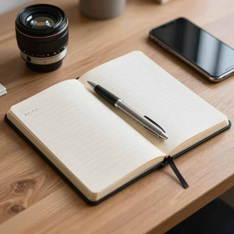 A clean, organized desk with a notebook, pen, and smartphone, emphasizing efficiency and order.