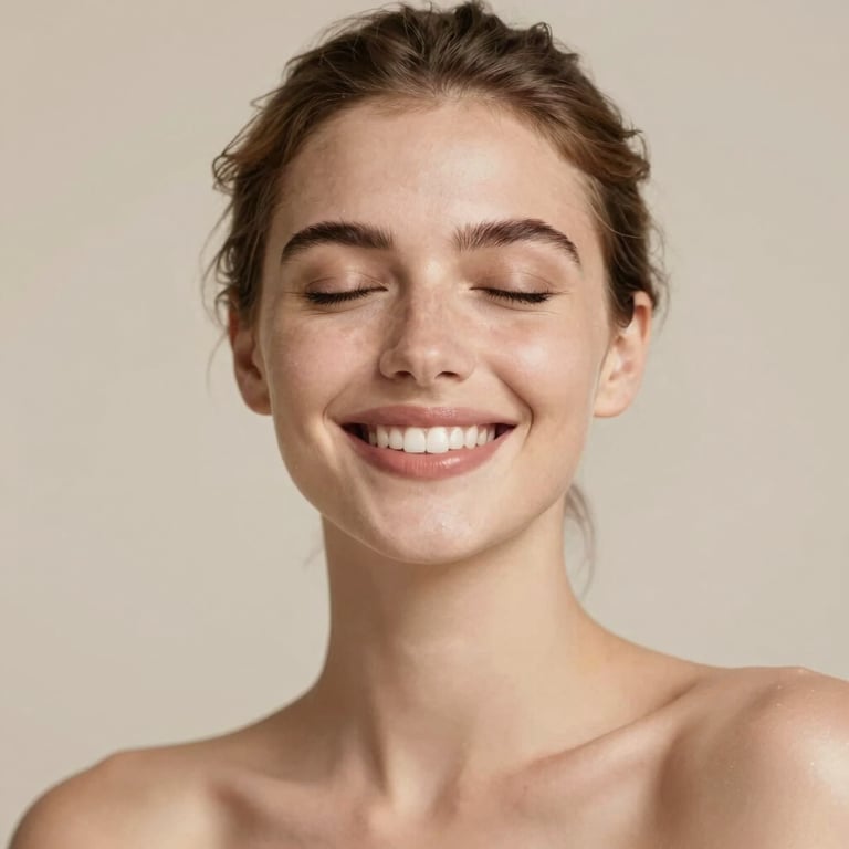 A woman with a natural, sun-kissed glow smiling peacefully with closed eyes, warm #E4D5C5 lighting.