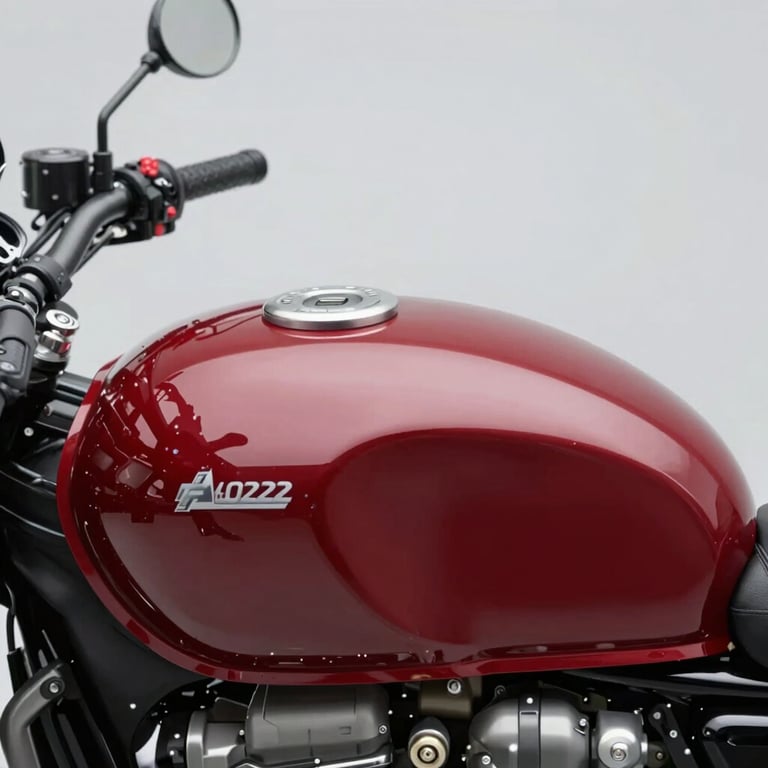 A close-up artistic shot of a deep red motorcycle fuel tank (#A03222) reflecting a clean, modern studio lighting setup.