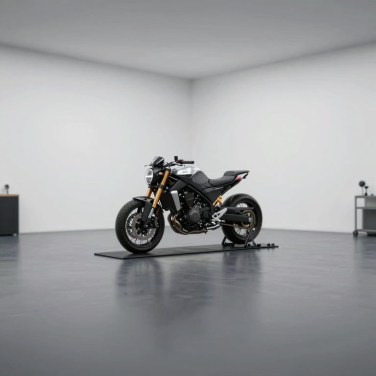 A wide shot of a minimalist, modern workshop with white walls and a dark gray floor, featuring a single motorcycle on a service lift.