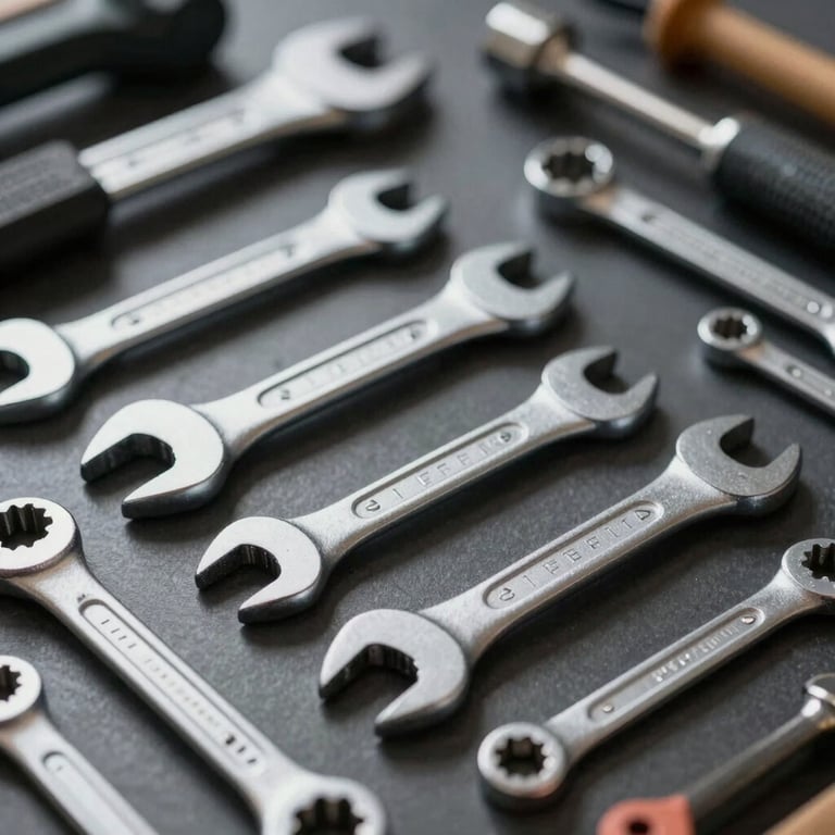 A perfectly organized set of professional wrenches and technical tools on a dark, structured workbench, reflecting expertise and precision. Palette: #1F1F1F, metallic gray.