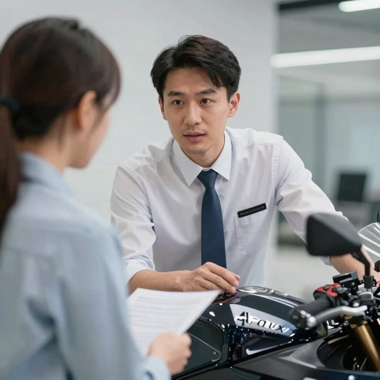 A professional consultant in a clean uniform discussing technical details with a customer near a high-end motorcycle. Mood is trustworthy and expert.