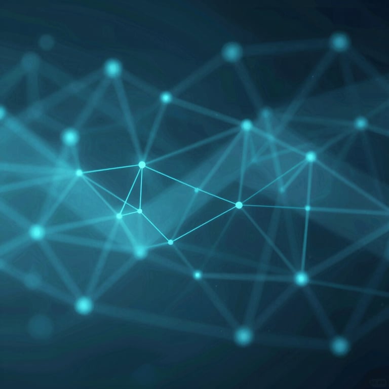 Abstract geometric patterns using #A8C9D8 and #4A7C8E representing digital network and connectivity.