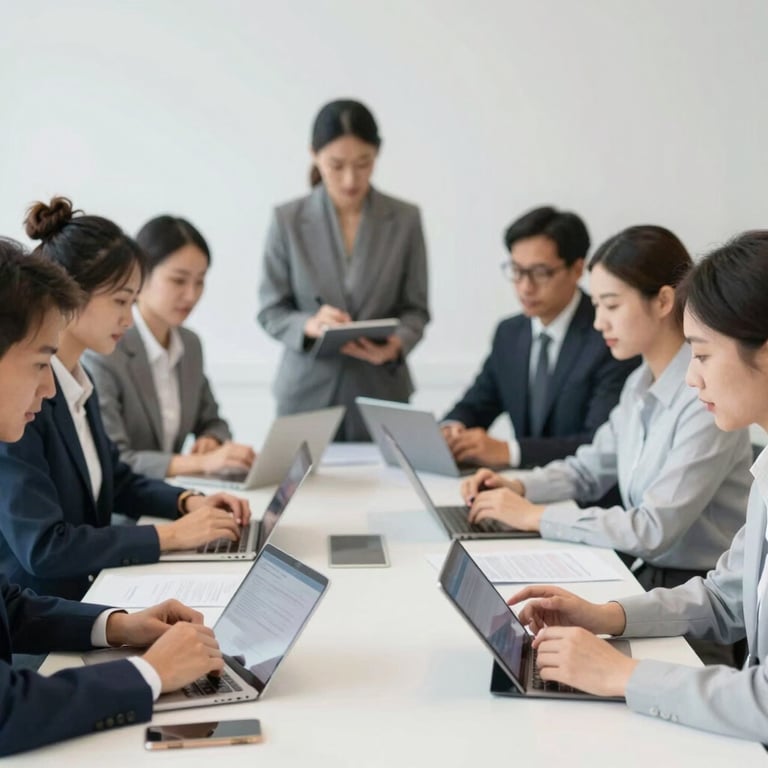 A diverse team of professionals in a bright meeting room, collaborating with tablets and documents. Professional mood.