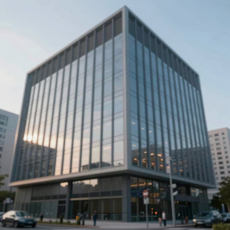 Exterior of a modern, glass-fronted financial building, reflecting a clear sky, conveying stability and growth. Colors: #1D2D3E accents.