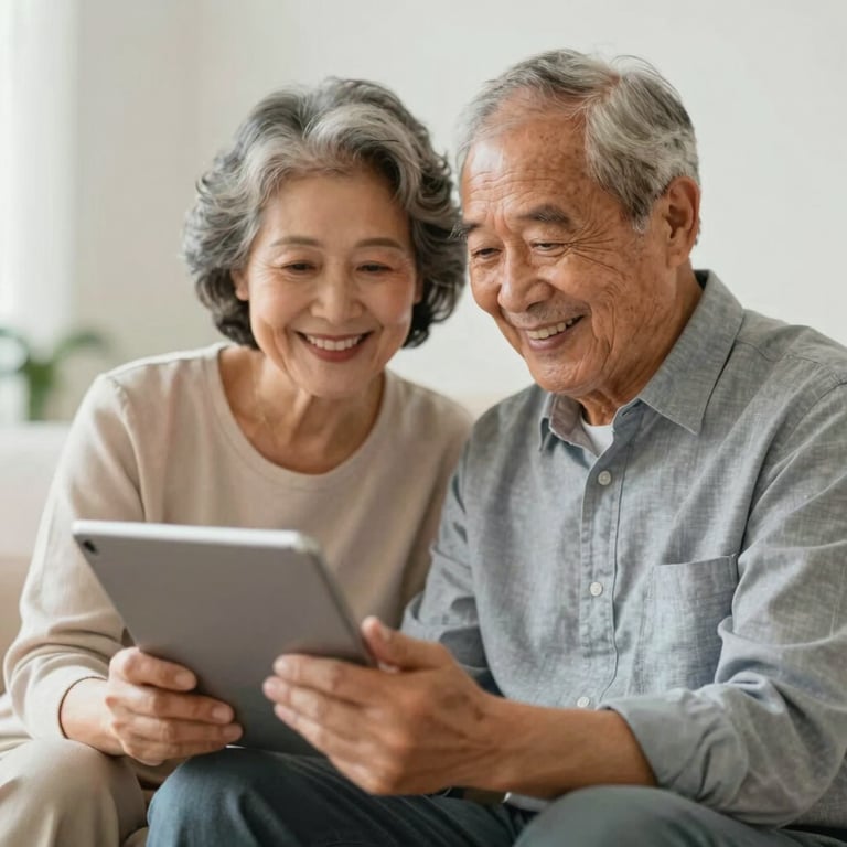 An elderly couple smiling and looking at a tablet together, representing the target audience enjoying financial freedom.