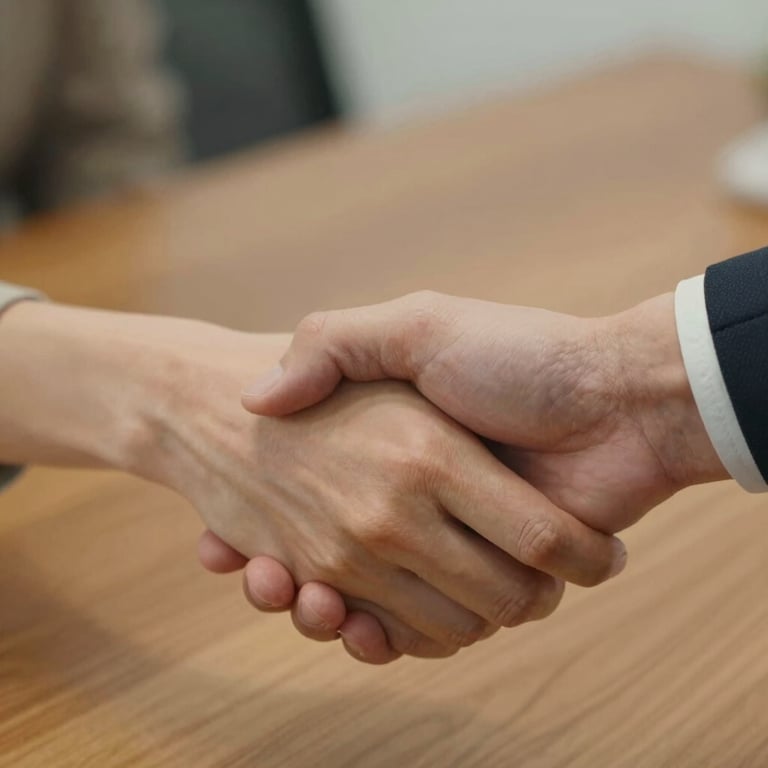 Close-up of hands shaking across a wooden desk, symbolizing a successful partnership and trust. Soft, natural lighting.