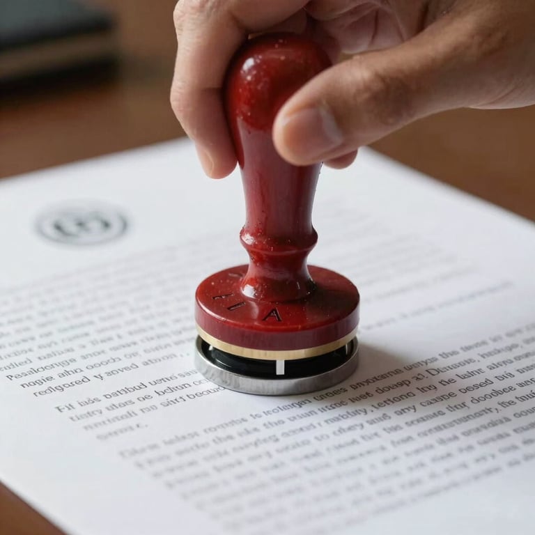 A close-up of a notary seal being applied to a document in a professional North American / US office setting.
