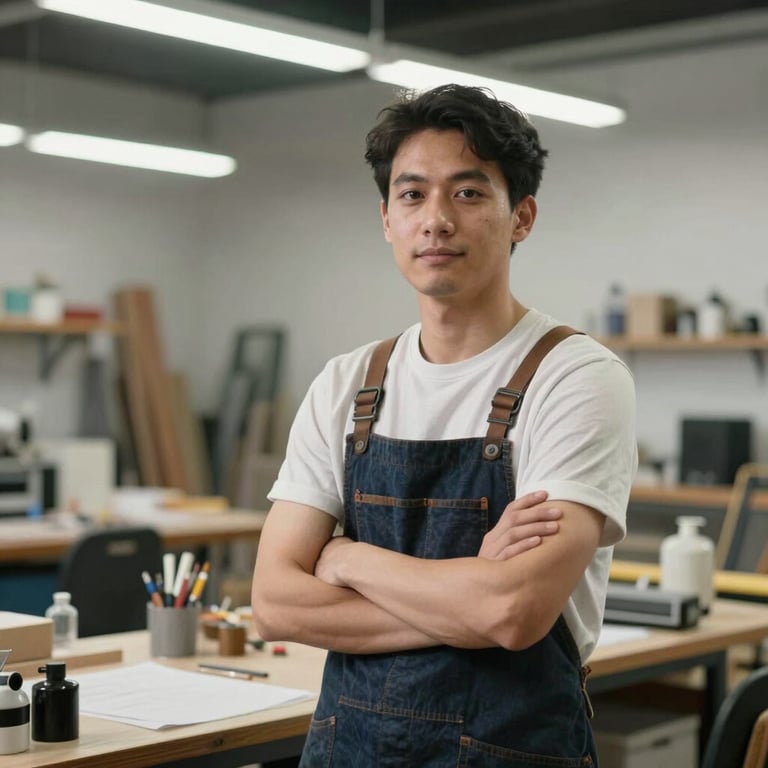 A small business owner in a modern North American / US workshop, looking confident and professional, soft industrial lighting.