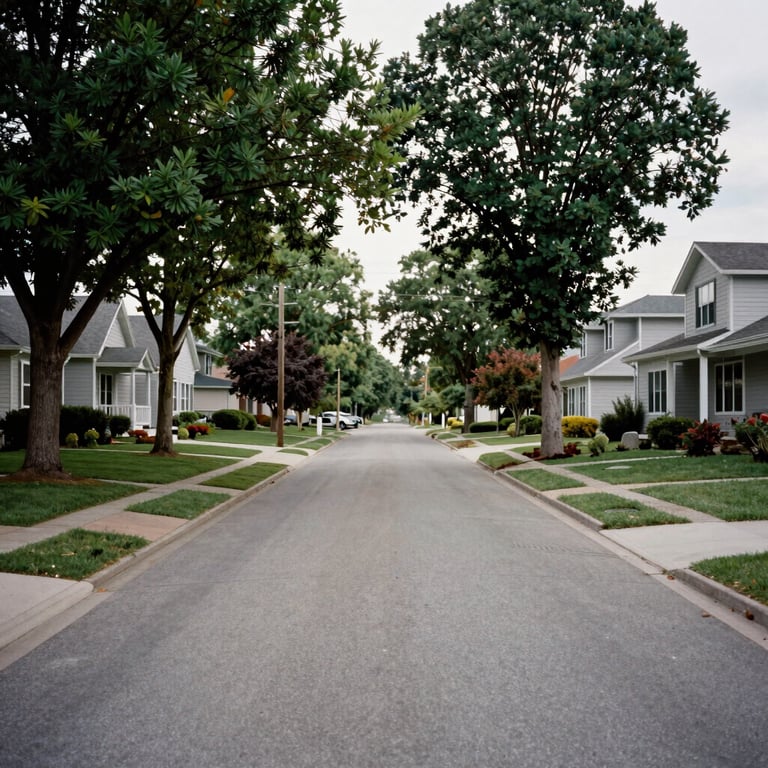 A quiet, safe North American / US residential street lined with trees and modern homes, conveying stability and community.