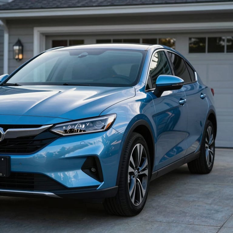 A modern car parked in a clean North American / US driveway, reflecting sky blue light on its polished surface, sharp focus.