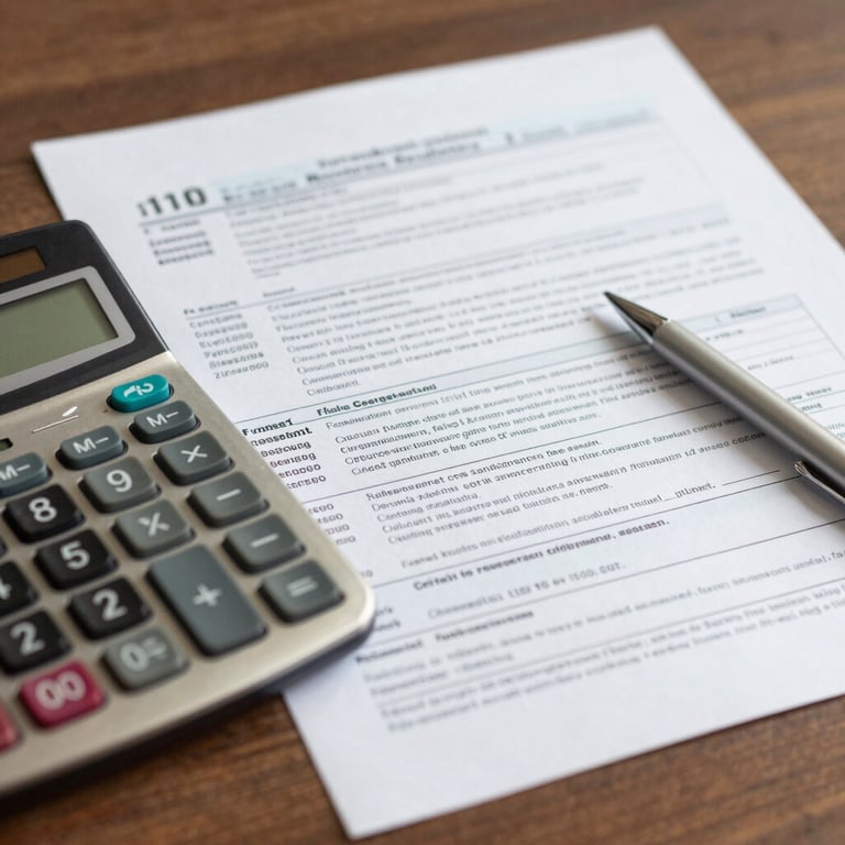 A neatly organized desk with tax documents and a calculator, representing precision and trust in financial services.