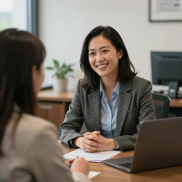 A professional consultation between an agent and a client in a North American / US office, emphasizing approachable service.