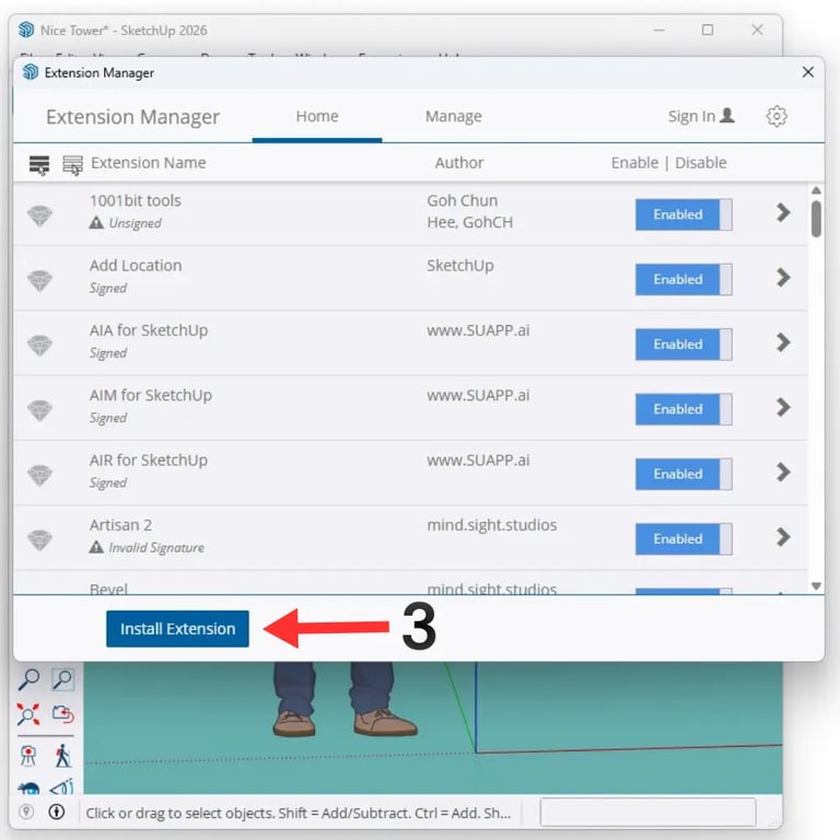 How to Install SketchUp Plugins (.RBZ) – Step-by-Step Guide 3 Clicking Install Extension in SketchUp