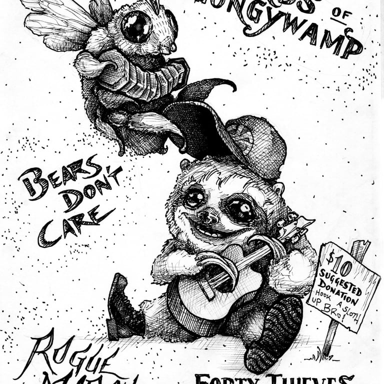 A concert flyer featuring Bards of Gungywamp, Bears Don't Care & Rogue March. Pen & ink style. 