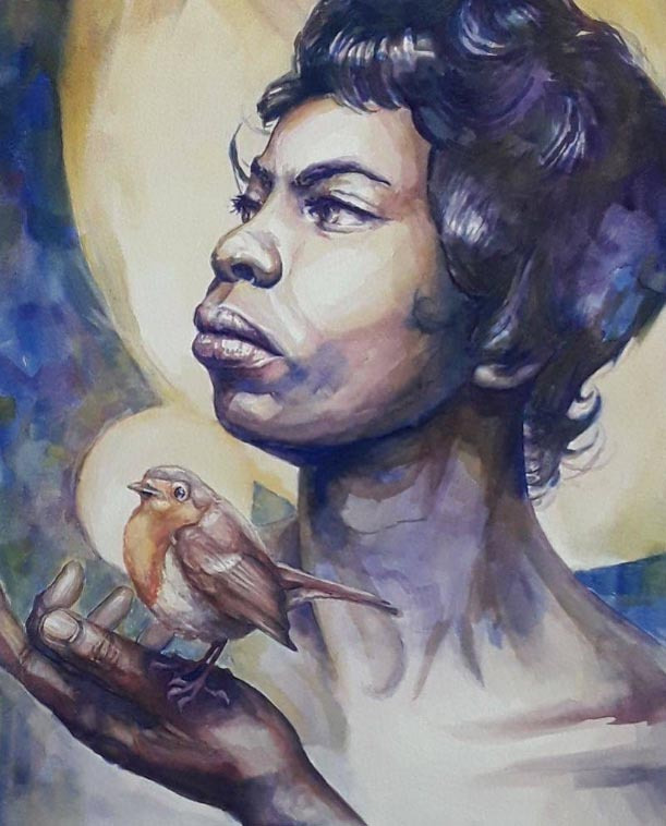 Watercolor portrait of Nina Simone. She has a bird purched on her hand under her chin.  Painting commission.