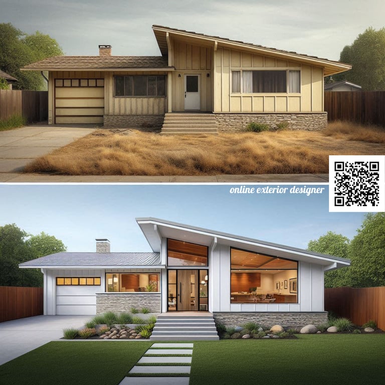 MCM house renovation, modernized house, timeless look, white siding, black windows, concrete pavers