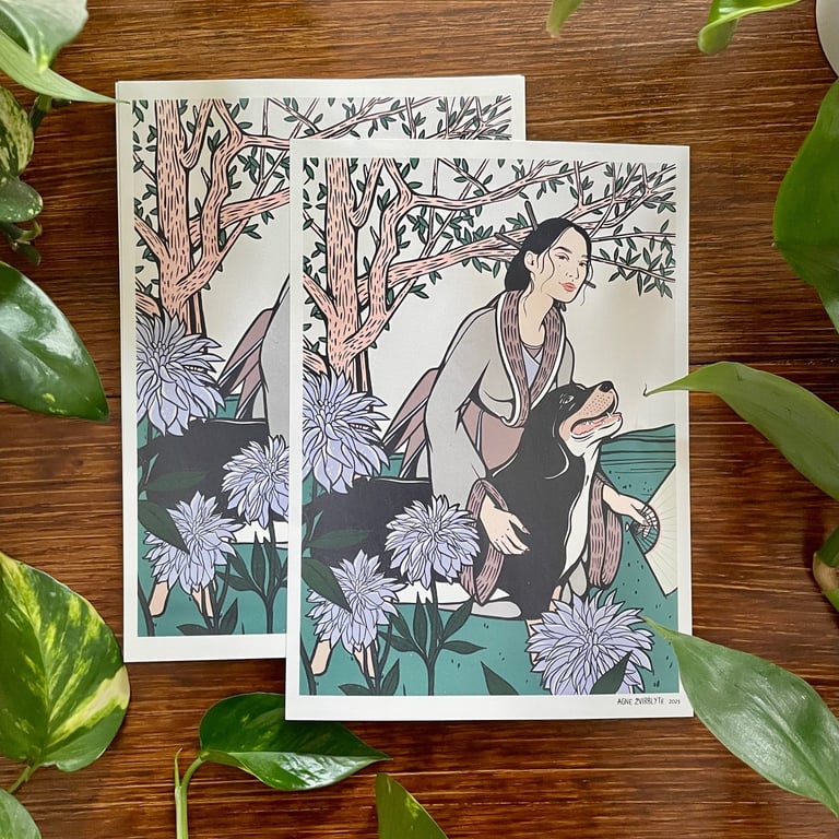 Sparrow flies Digital and colorful geisha and dog print