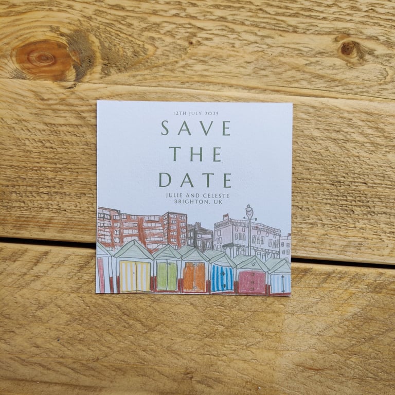 a save the date for a casual wedding in brighton drawn in pencil and watercolour of the hove beach huts