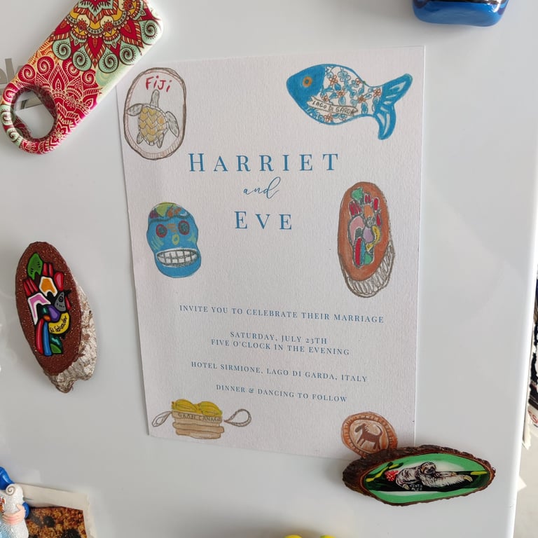 a wedding invite for a couple who loves travelling with travel magnets in watercolour and pencil