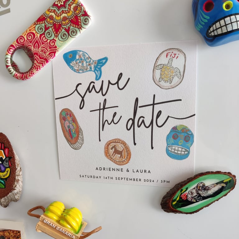 a travel themed save the date based on magnets from travels
