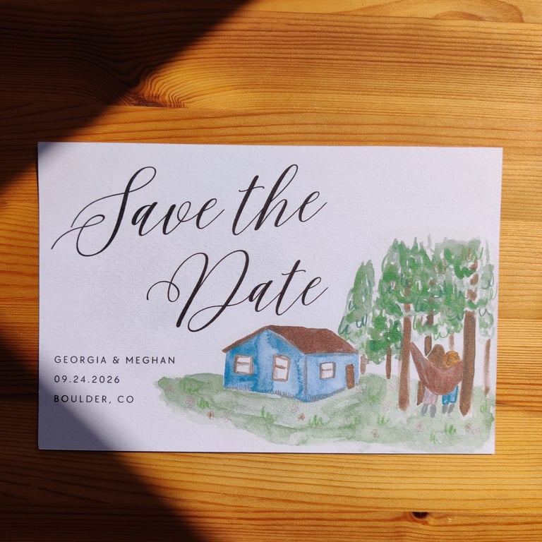 a save the date in watercolour for a wedding in rocky mountains with a cabin in the woods