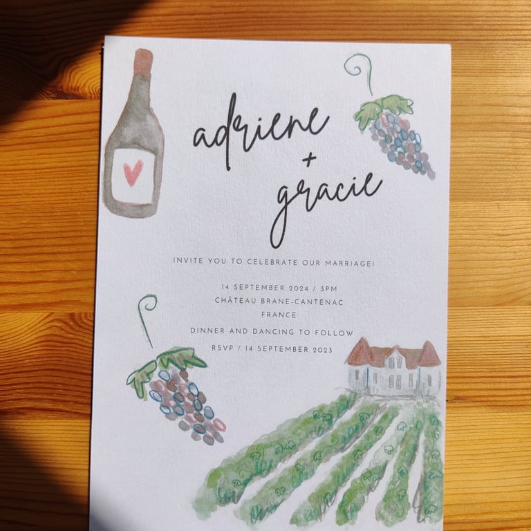 a french vineyard themed casual wedding invitation for a queer couple