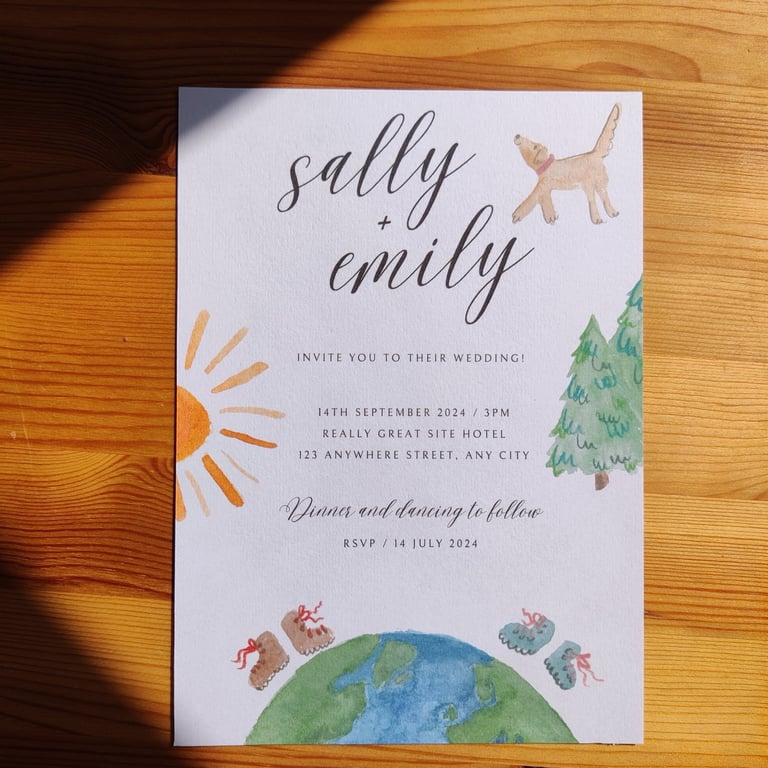 a queer wedding invitation for a couple who loves travelling and their dog in watercolour and pencil