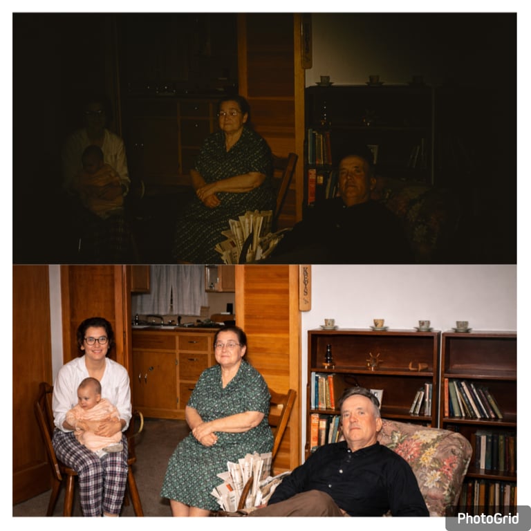 Side-by-side comparison of a dark underexposed family photo before and after digital restoration.