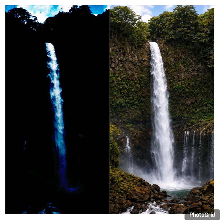 Side-by-side comparison of a tall scenic waterfall in a lush forest during day and night.