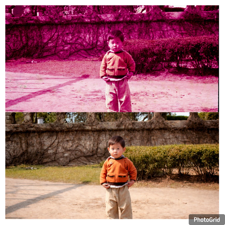 Side-by-side photo comparison of a toddler boy standing outdoors with a pink color cast vs natural lighting.